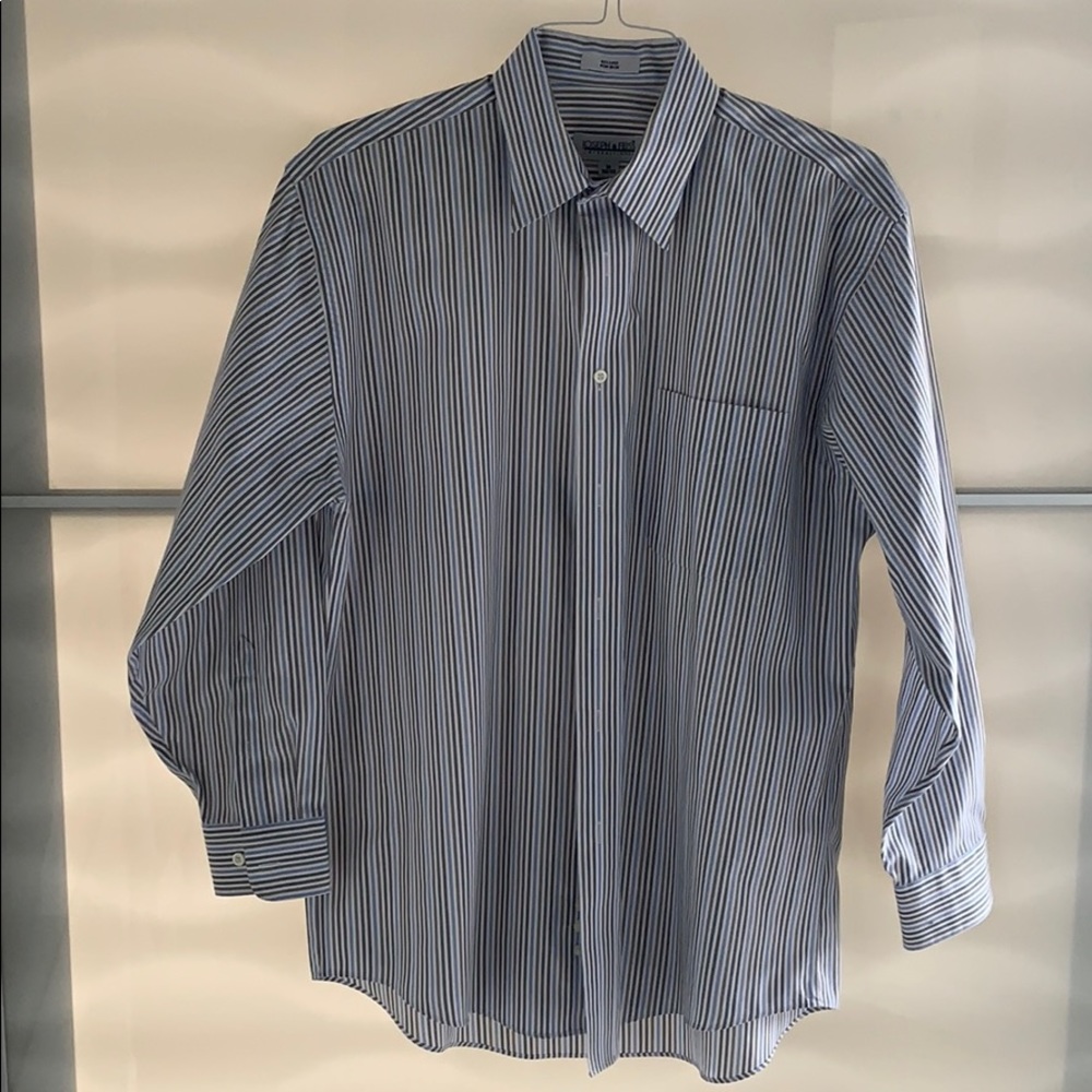 Blue and gray striped dress shirt